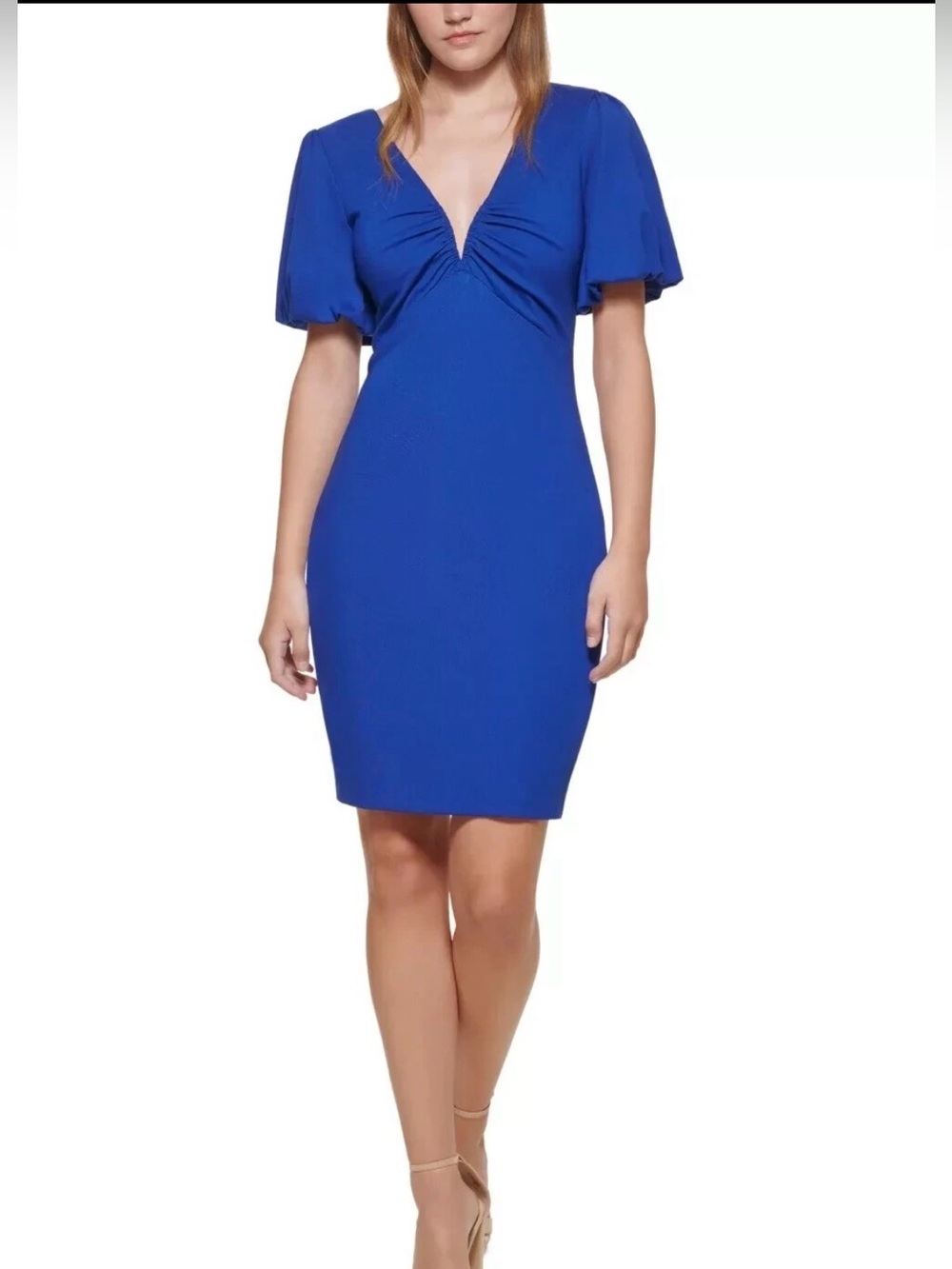 Guess cobalt blue sheath poof sleeve dress new nwt bodycon 16 ponte knit stretch